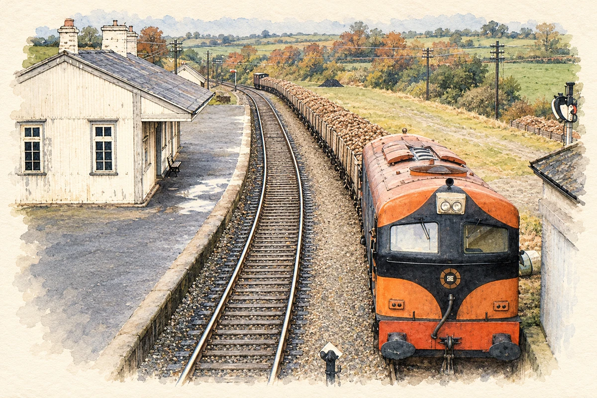 Watercolour and fine ink illustration of an orange-and-black diesel locomotive hauling beet wagons through Ballycullane station, based on a photograph taken on 5 November 1982.