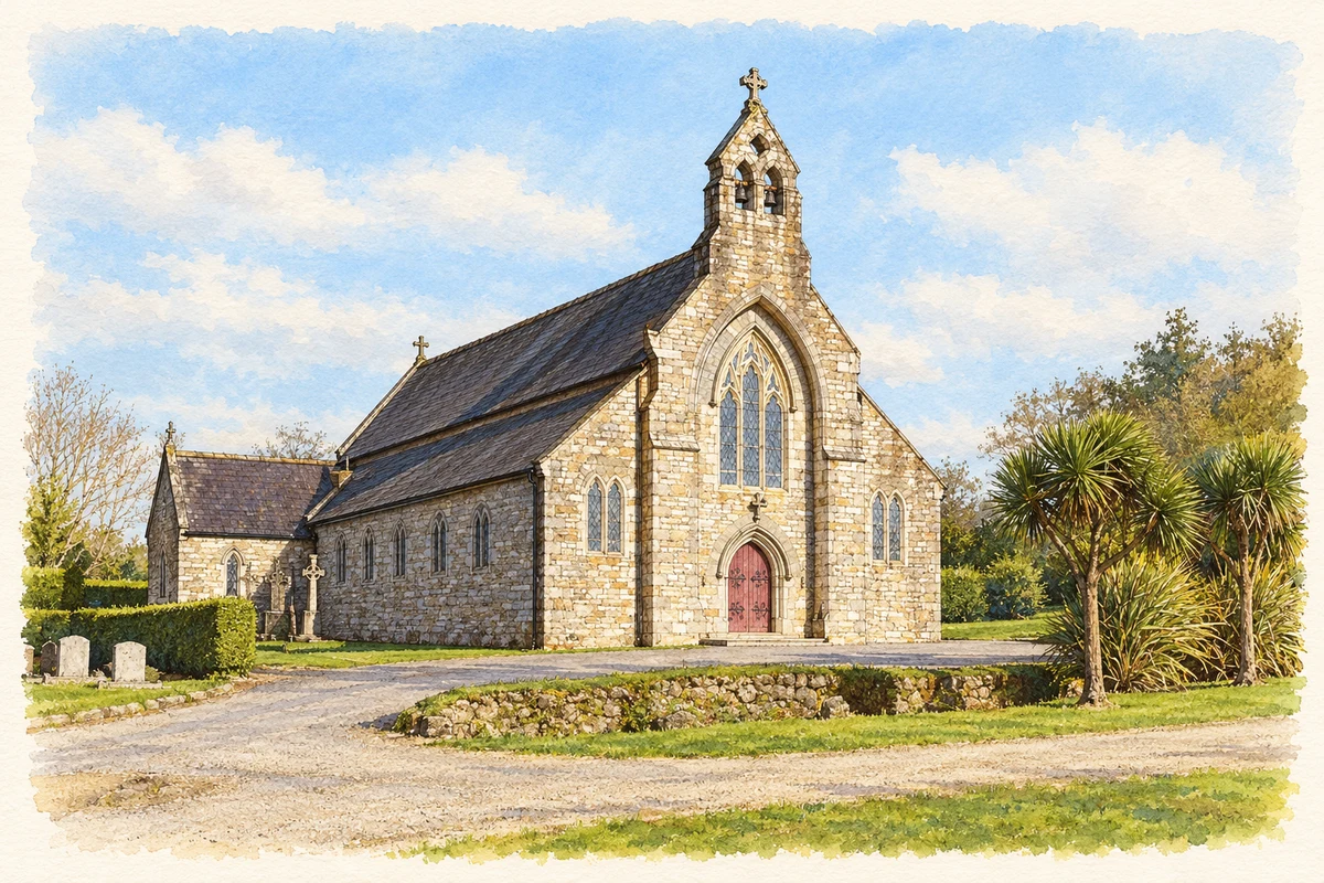 Watercolour and fine ink illustration of St Alphonsus’ Church, Barntown.