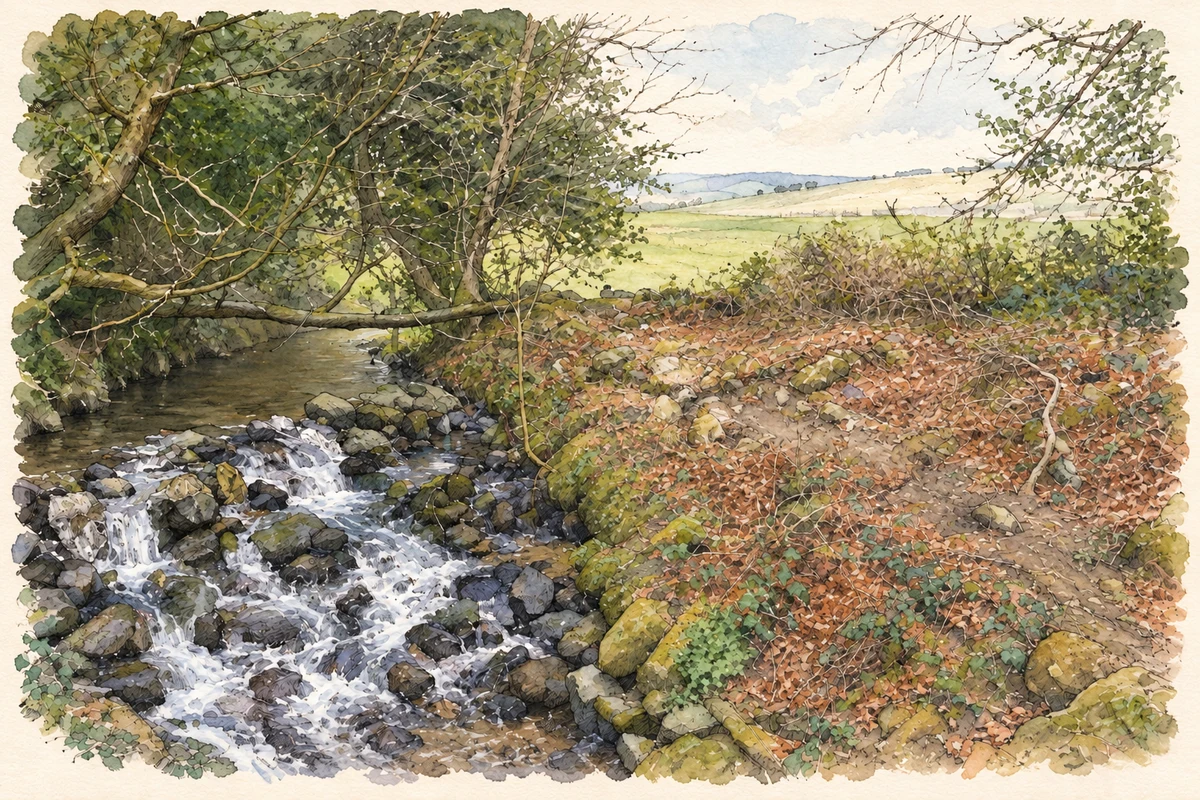 Watercolour and fine ink illustration of Stream in Camolin Park, near Camolin.