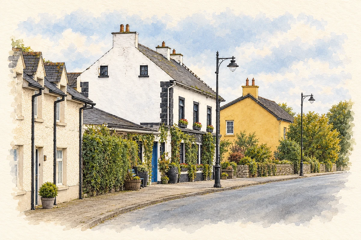 Watercolour and fine ink illustration of Clonroche village-centre inn facades in Clonroche.