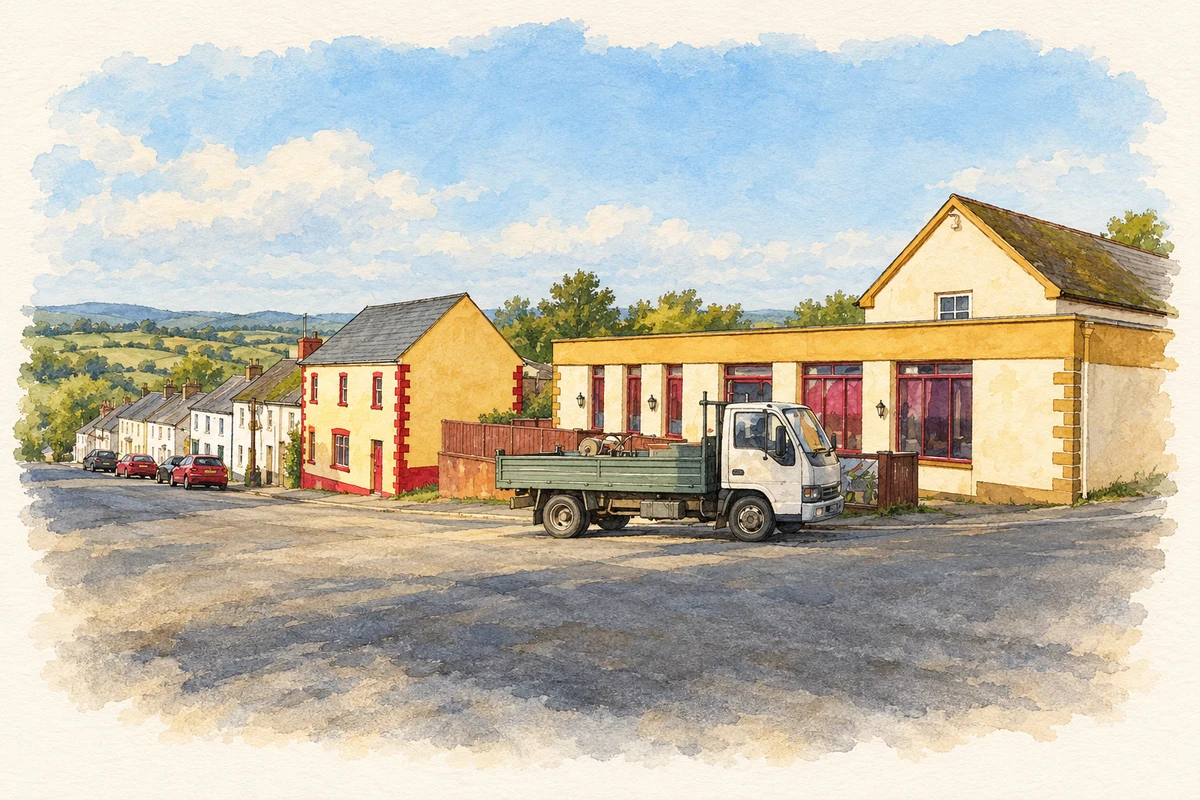 Watercolour and fine ink illustration of The Coolgreany Inn and village street.