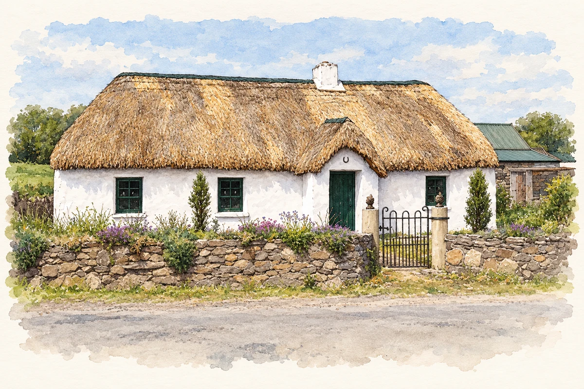 Watercolour and fine ink illustration of Bygone Days House of Stories, Oulart.