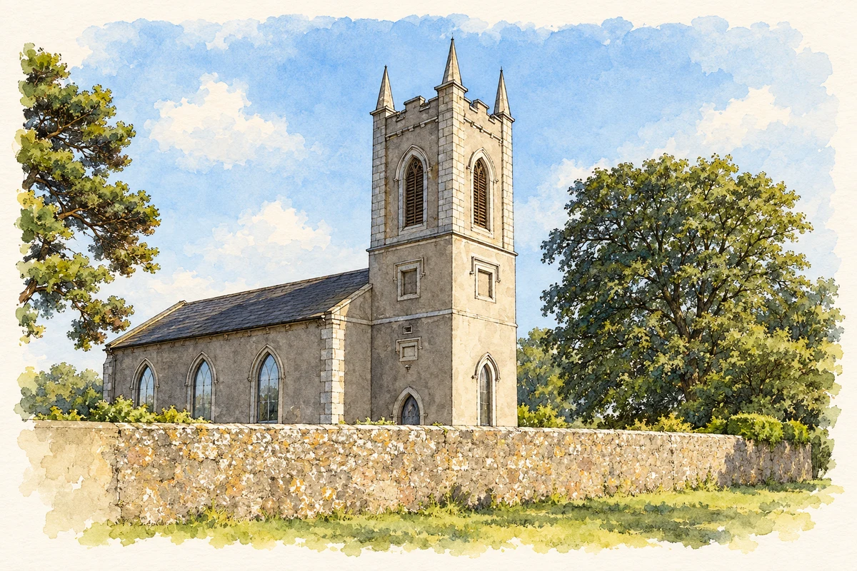 Watercolour and fine ink illustration of St Munna's Church, Taghmon, County Wexford.