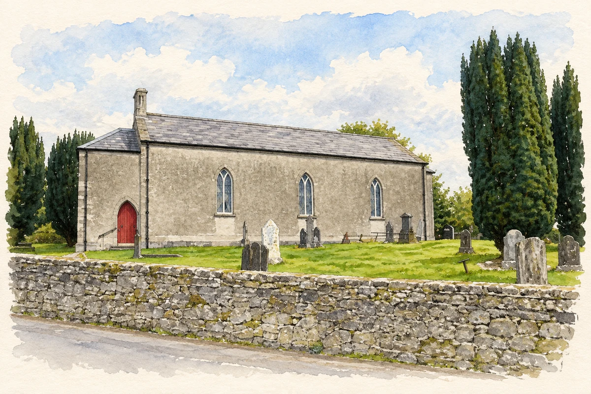 Watercolour and fine ink illustration of Oughteragh Parish Church, Ballinamore.