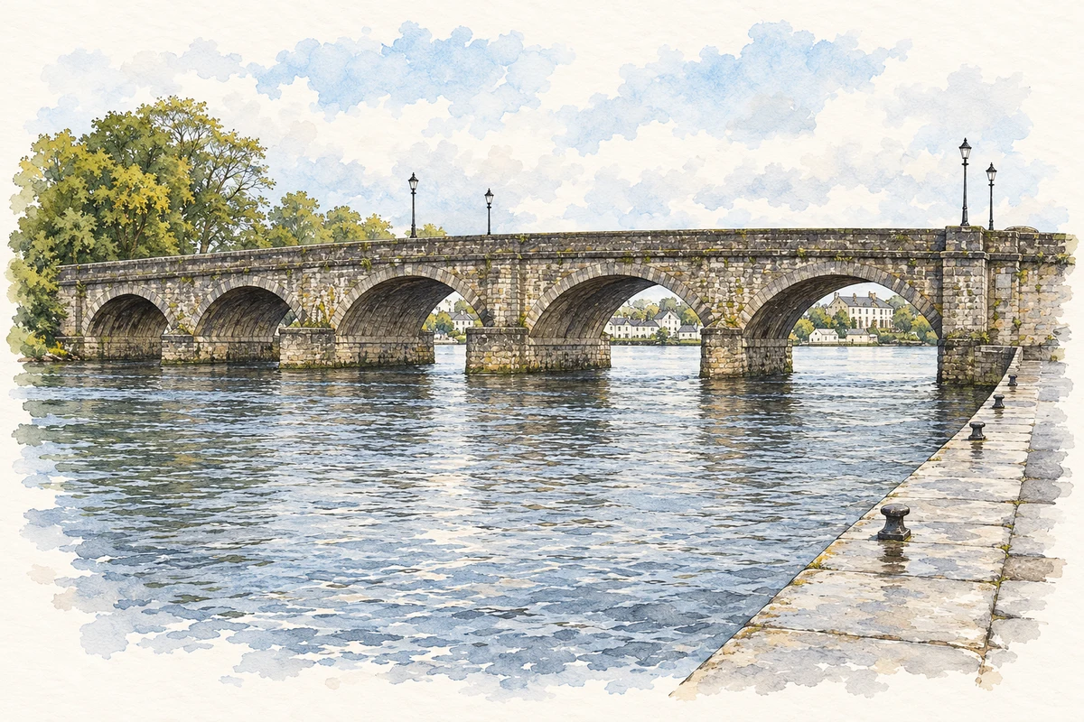 Watercolour and fine ink illustration of Carrick Bridge over the River Shannon, Carrick-on-Shannon in Carrick-on-Shannon.