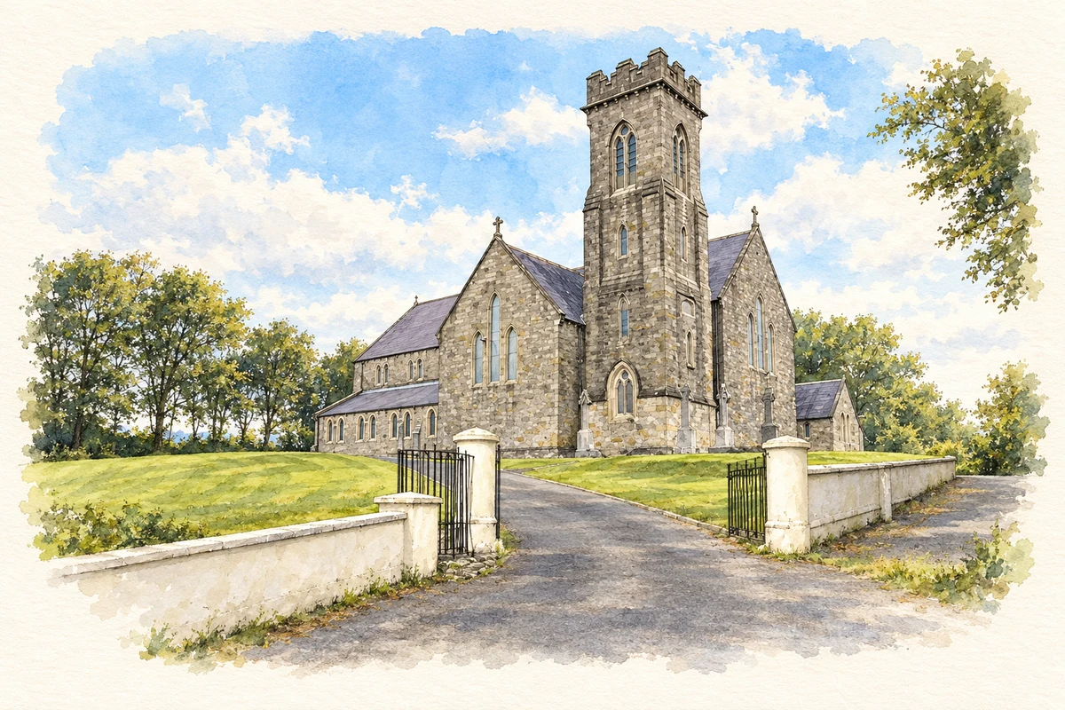 Watercolour and fine ink illustration of St Brigid's Roman Catholic Church, Drumkeeran.