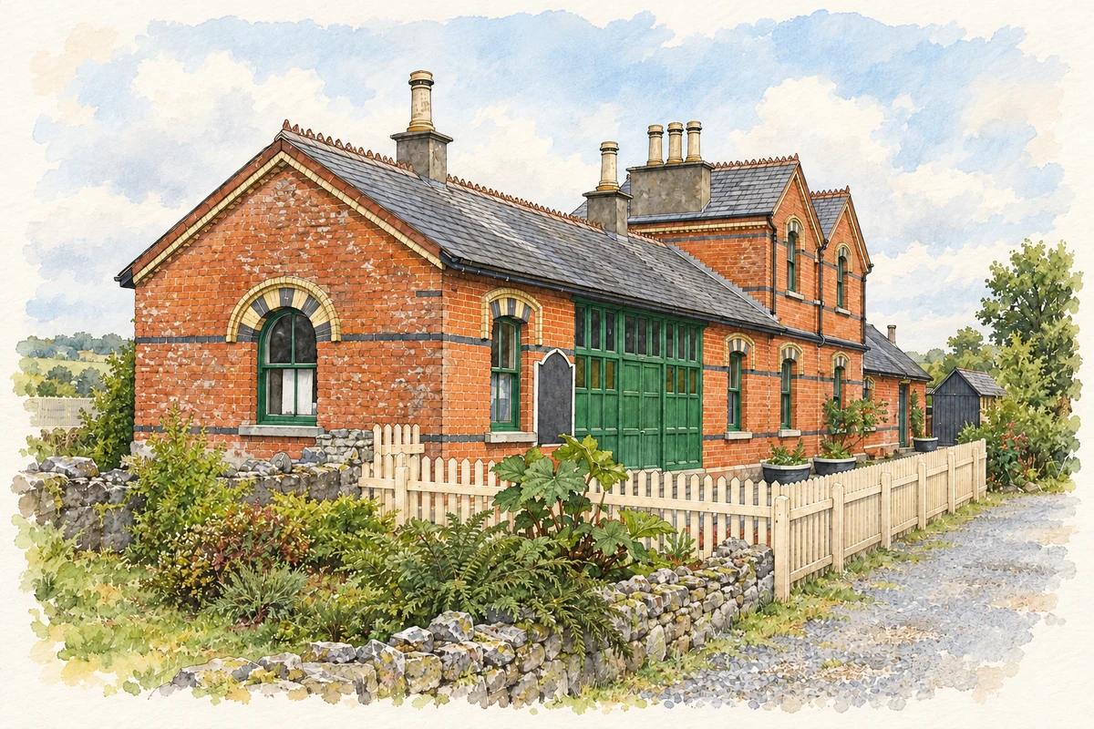 Watercolour and fine ink illustration of Cavan and Leitrim Railway station, Dromod.