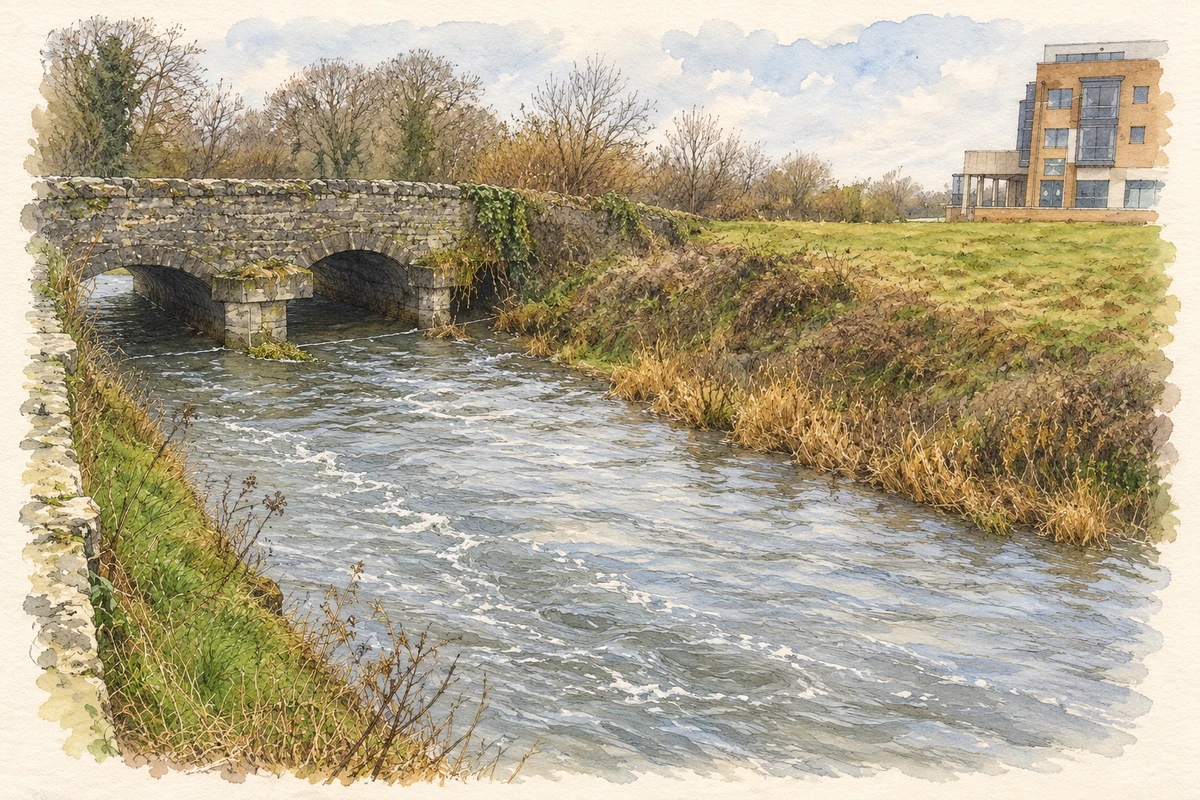 Watercolour and fine ink illustration of Clonee Bridge over the Tolka.