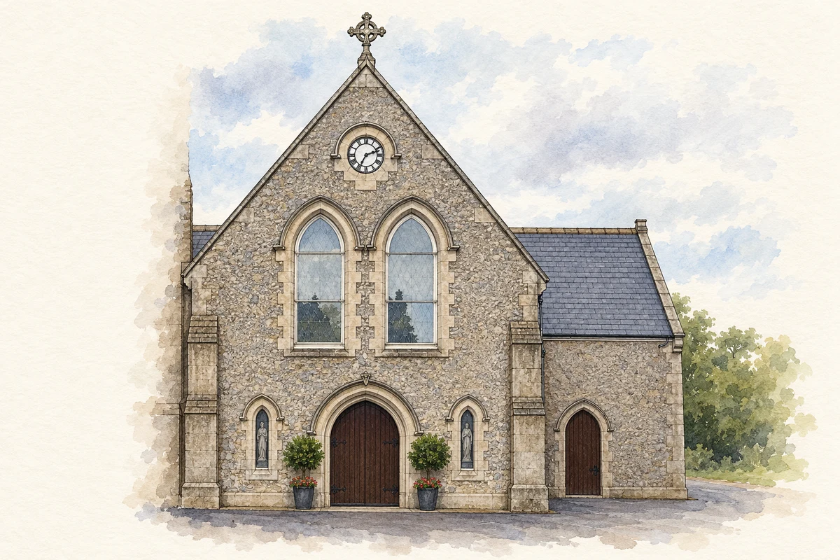 Watercolour and fine ink illustration of Entrance of Saint Columbanus' Church, Ballivor.