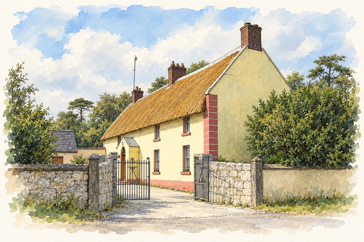 Watercolour and fine ink illustration of Thatched farmhouse, Donore.