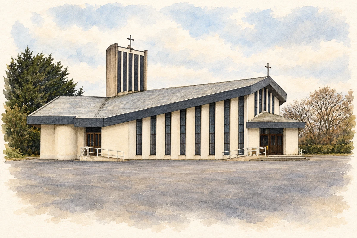 Watercolour and fine ink illustration of St Oliver Plunkett Church, Kilcloon.