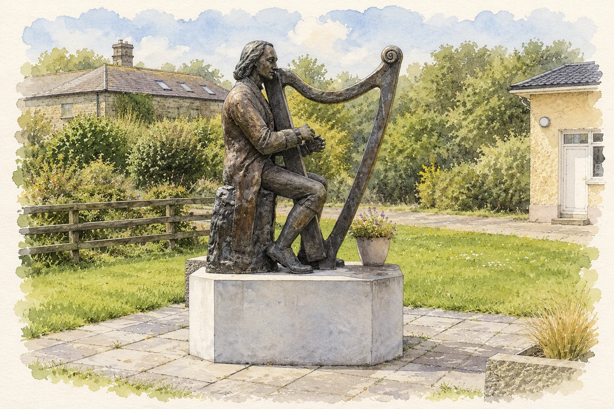 Watercolour and fine ink illustration of Turlough O'Carolan monument, Nobber.