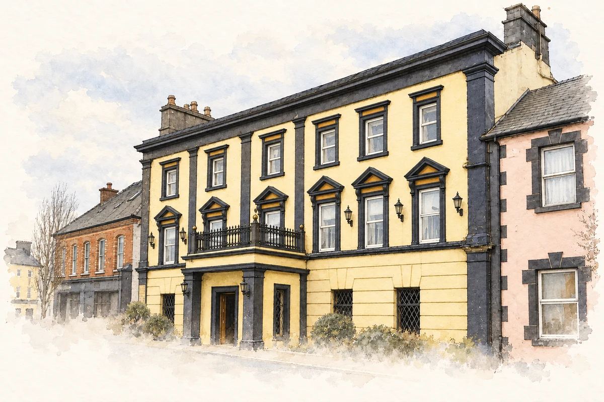 Watercolour and fine ink illustration of Naper Arms Hotel building, Oldcastle, County Meath.