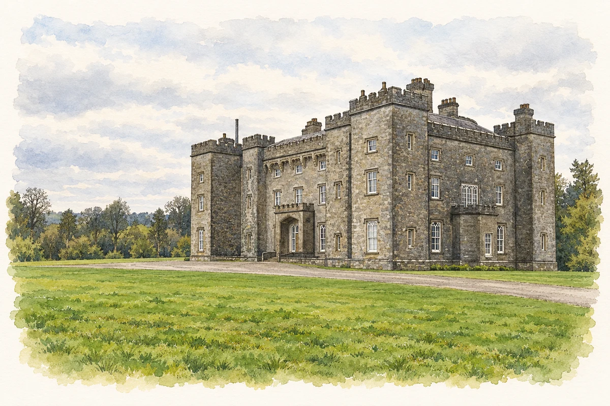 Watercolour and fine ink illustration of Slane Castle.
