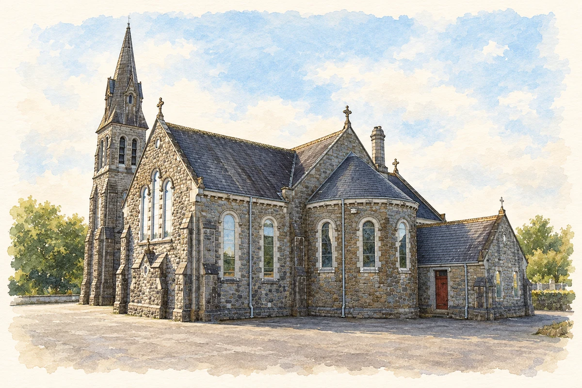 Watercolour and fine ink illustration of Church of Our Lady of Lourdes, Dangan, near Summerhill.