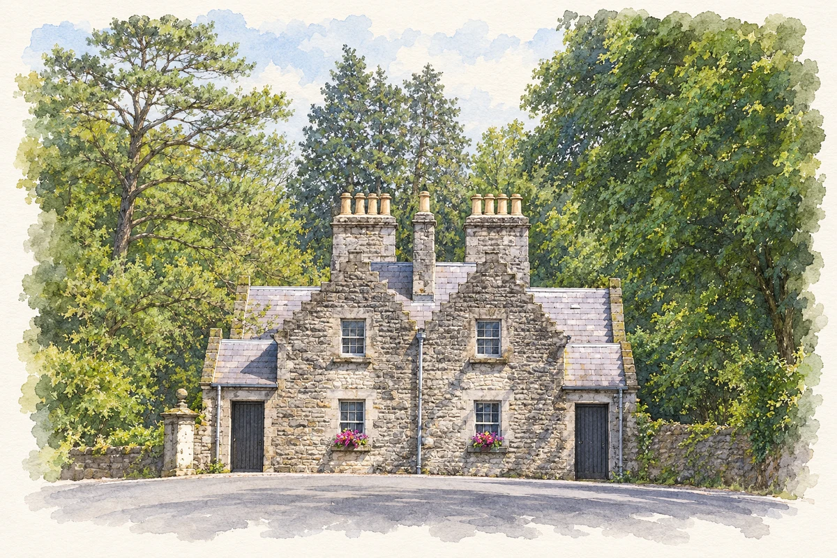 Watercolour and fine ink illustration of Castle Leslie gatehouse, Glaslough.
