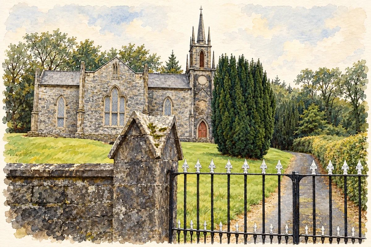 Watercolour and fine ink illustration of Church of Ireland parish church, Newbliss, County Monaghan.