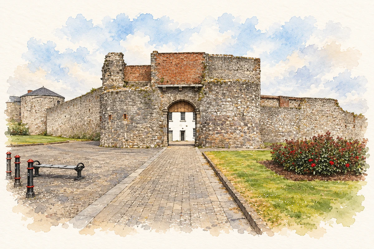 Watercolour and fine ink illustration of Dungarvan Castle gatehouse, County Waterford in Dungarvan.
