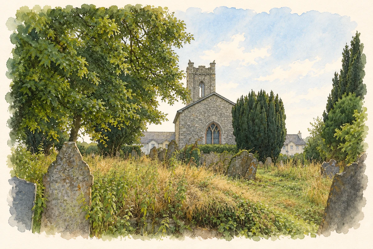 Watercolour and fine ink illustration of Clashmore Heritage Centre and churchyard.