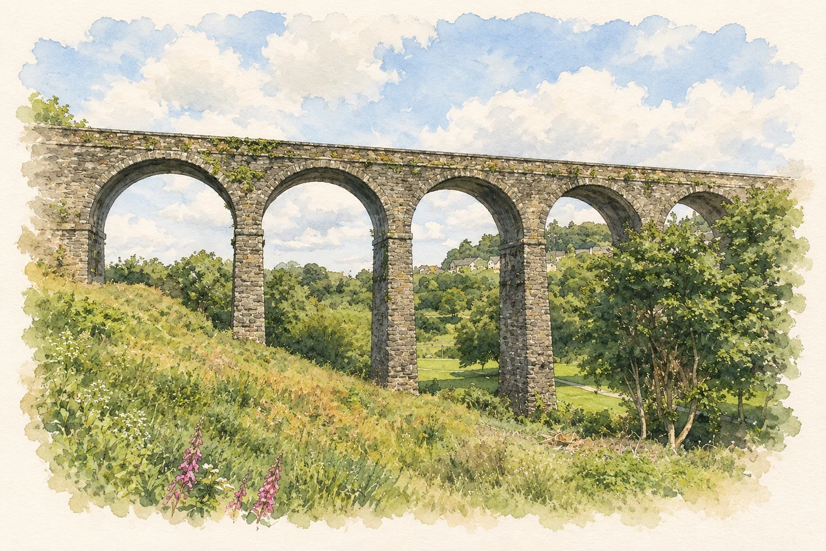 Watercolour and fine ink illustration of River Mahon railway viaduct, Kilmacthomas.