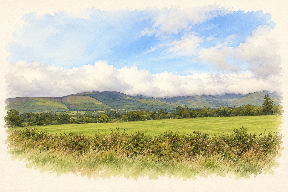 Watercolour and fine ink illustration of Countryside near Lemybrien, northwest view.