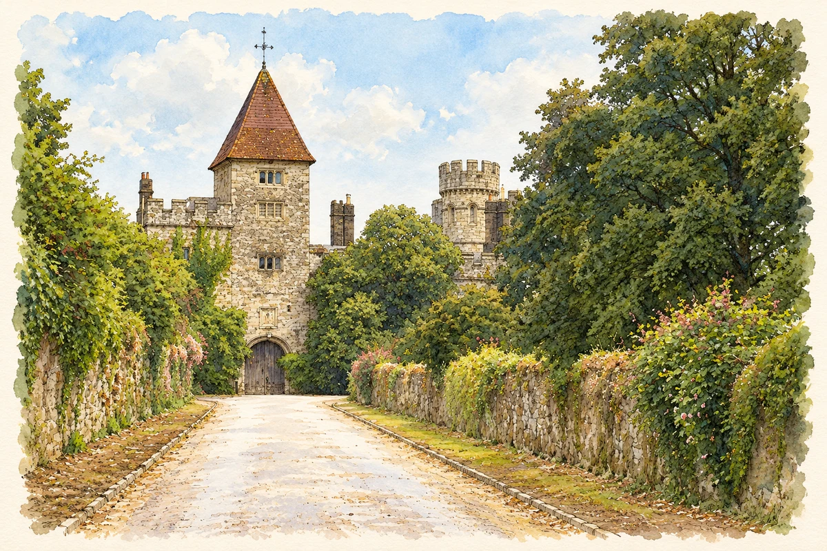Watercolour and fine ink illustration of Approach and gatehouse, Lismore Castle.