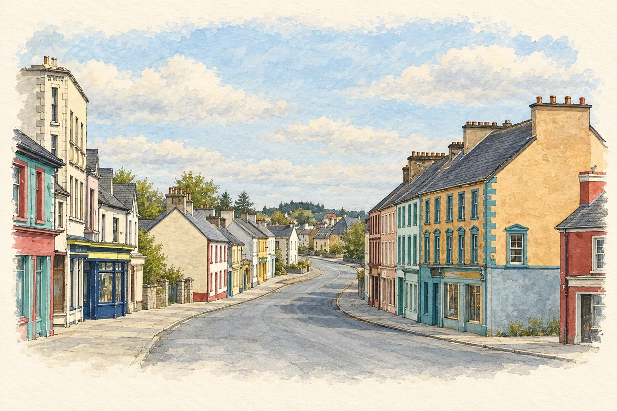 Watercolour and fine ink illustration of Ballinlough Main Street in Ballinlough.