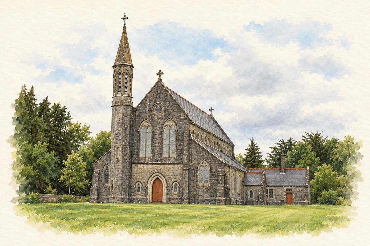 Watercolour and fine ink illustration of Church of Our Lady of Good Counsel, Loughglinn.