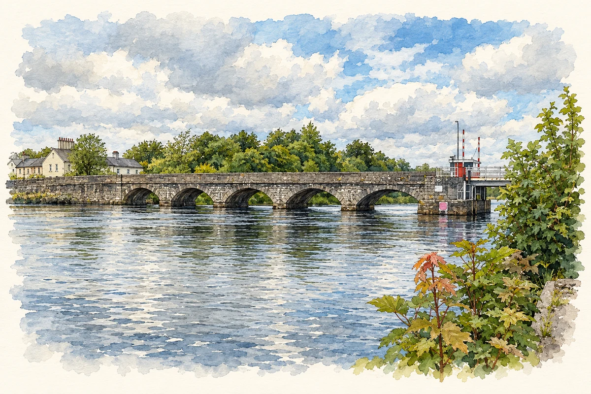 Watercolour and fine ink illustration of Roosky Bridge over the River Shannon.