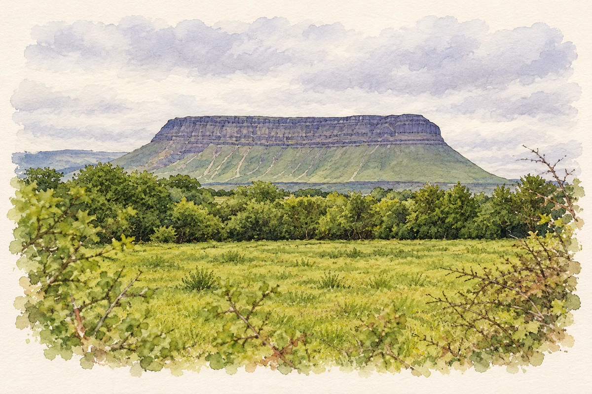 Watercolour and fine ink illustration of Benbulben viewed from Grange, County Sligo.