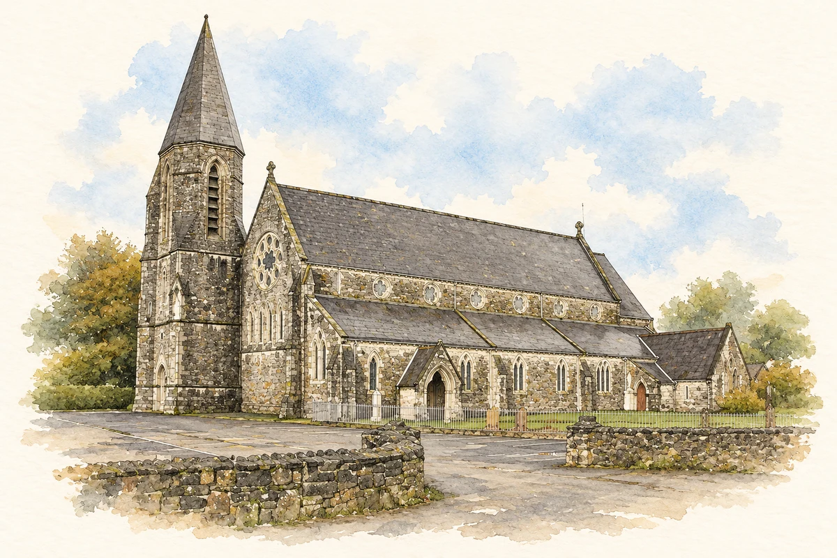 Watercolour and fine ink illustration of Church of the Immaculate Conception, Ballymote, County Sligo in Ballymote.