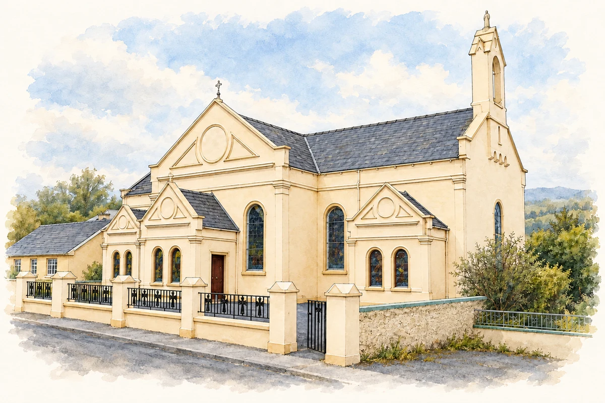 Watercolour and fine ink illustration of Church of the Sacred Heart and St Joseph, Rockfield, near Coolaney.