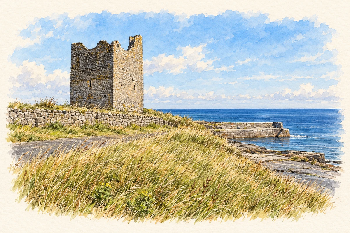 Watercolour and fine ink illustration of Roslee Castle and pier, Easky.
