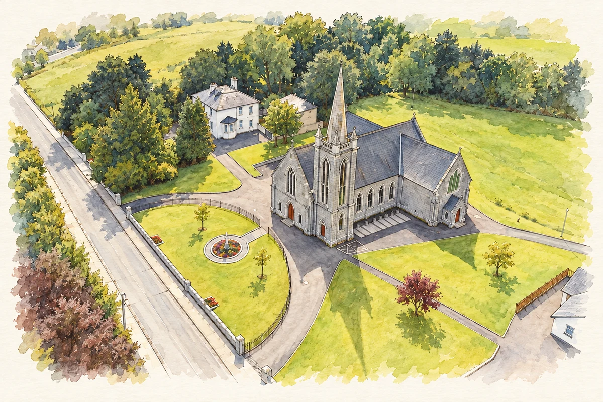 Watercolour and fine ink illustration of Church of St John the Evangelist, Tobercurry, County Sligo.