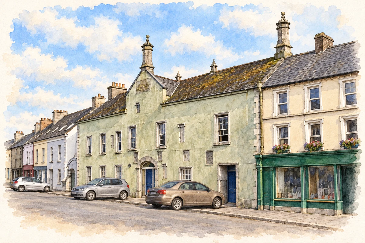 Watercolour and fine ink illustration of The Tholsel, Fethard, 2006.