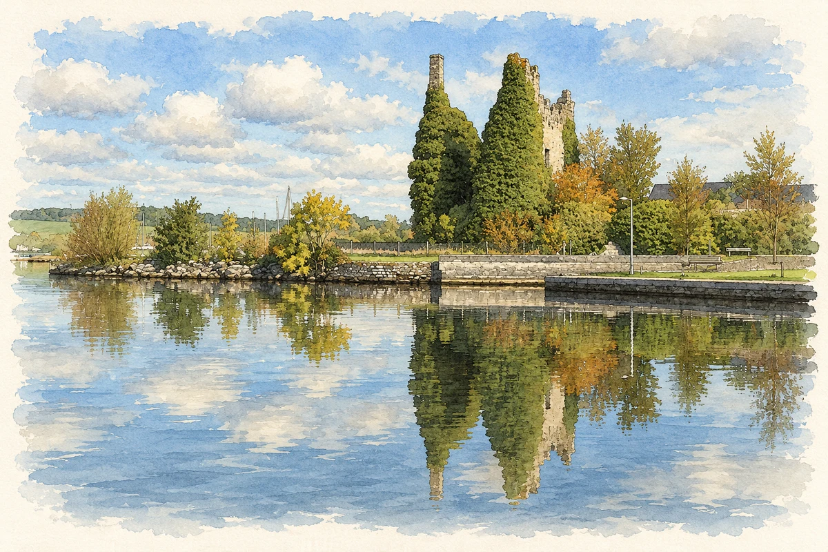 Watercolour and fine ink illustration of Dromineer Castle and harbour waterfront.