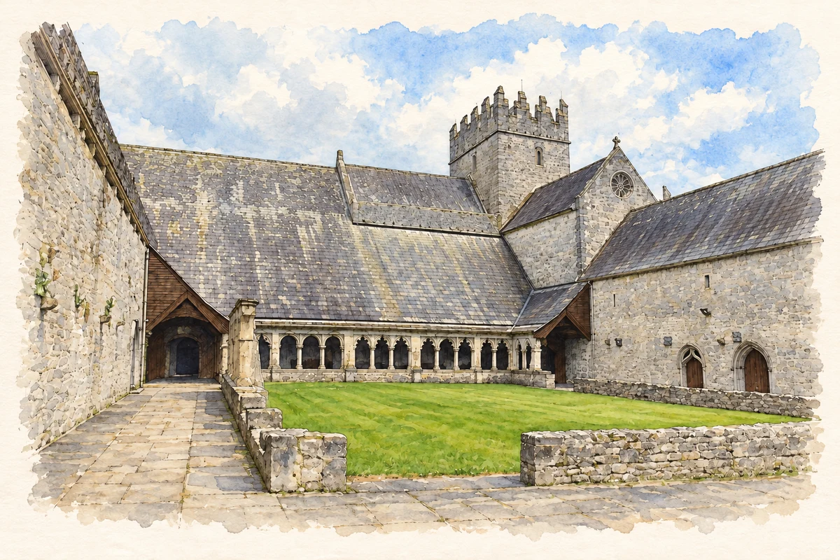 Watercolour and fine ink illustration of Holycross Abbey cloister and church.