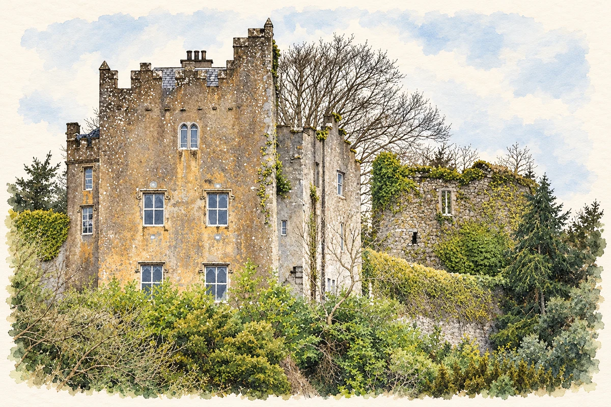 Watercolour and fine ink illustration of Ardfinnan Castle.