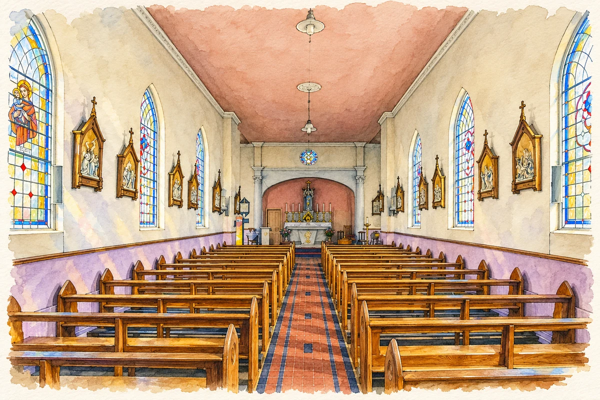 Watercolour and fine ink illustration of the interior of Saint Michael's Church, Ballyclerahan.