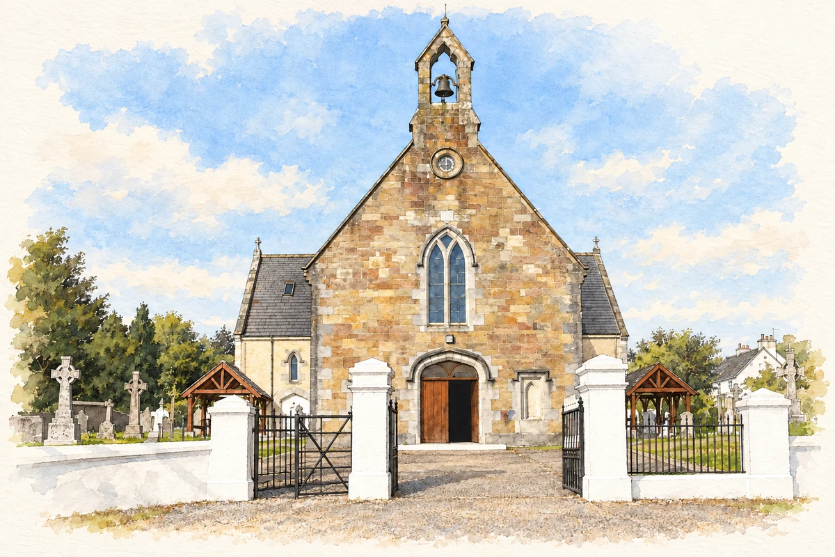 Watercolour and fine ink illustration of Church of the Assumption, Ballyporeen.