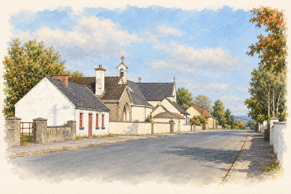 Watercolour and fine ink illustration of Gortnahoo village street and church in Gortnahoo.