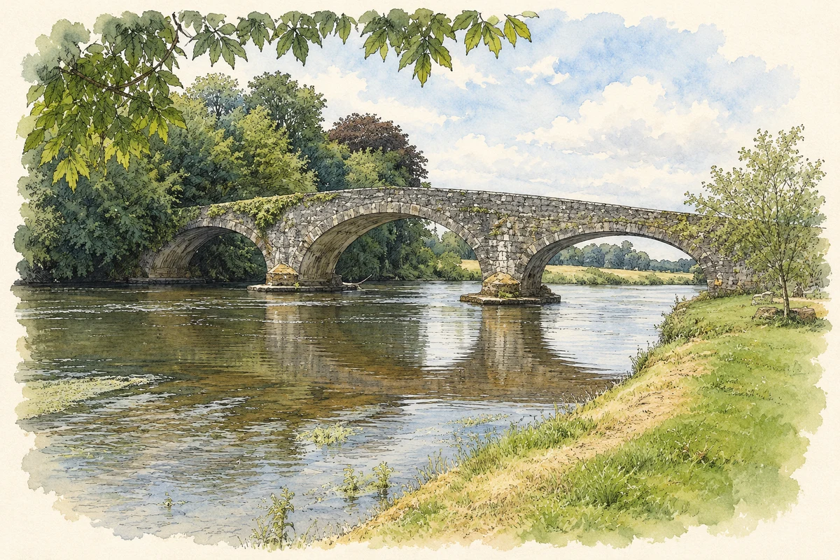 Watercolour and fine ink illustration of Kilsheelan Bridge over the River Suir.