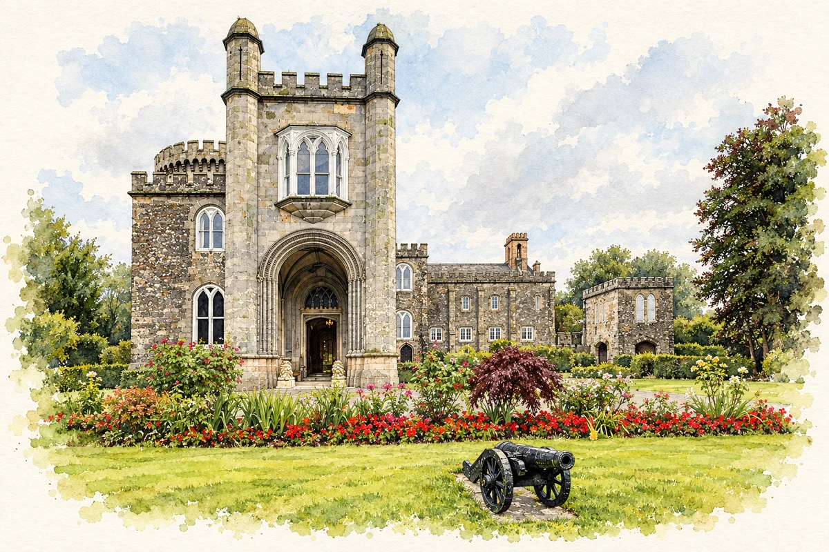 Watercolour and fine ink illustration of Killymoon Castle in Cookstown, showing its complete visible architectural silhouette.