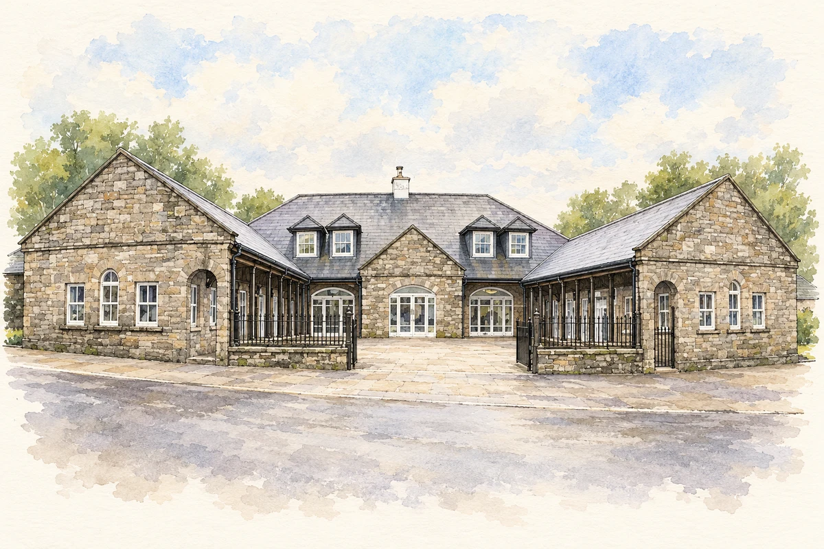 Watercolour and fine ink illustration of Fivemiletown Buttermarket.
