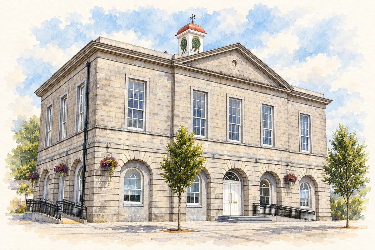 Watercolour and fine ink illustration of Edenderry Town Hall, County Offaly in Edenderry.