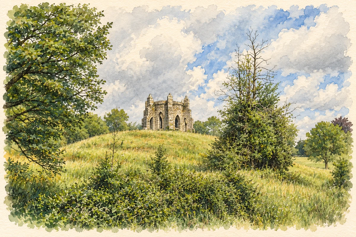 Watercolour and fine ink illustration of Ballycumber House folly tower.