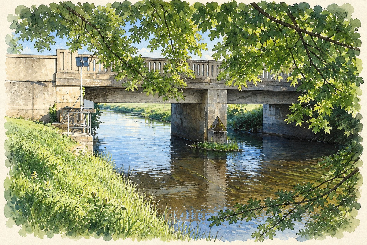 Watercolour and fine ink illustration of Ardra Bridge over the River Figile, Bracknagh.