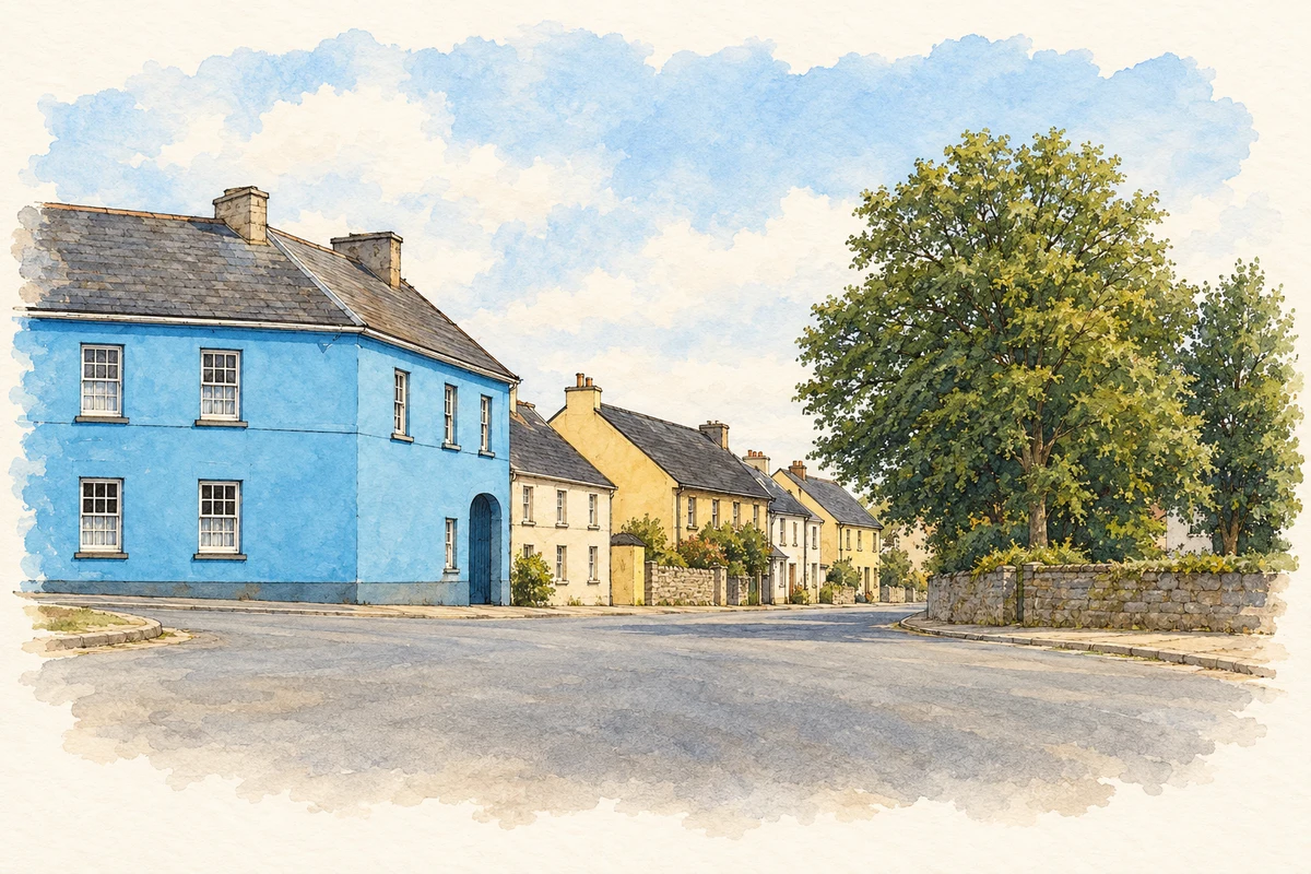 Watercolour and fine ink illustration of Village crossroads, Cloghan, County Offaly.