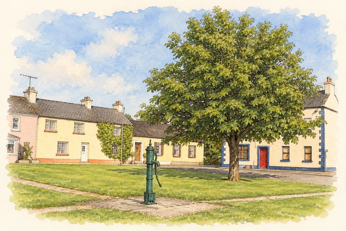 Watercolour and fine ink illustration of Village green and water pump, Clonbulloge.