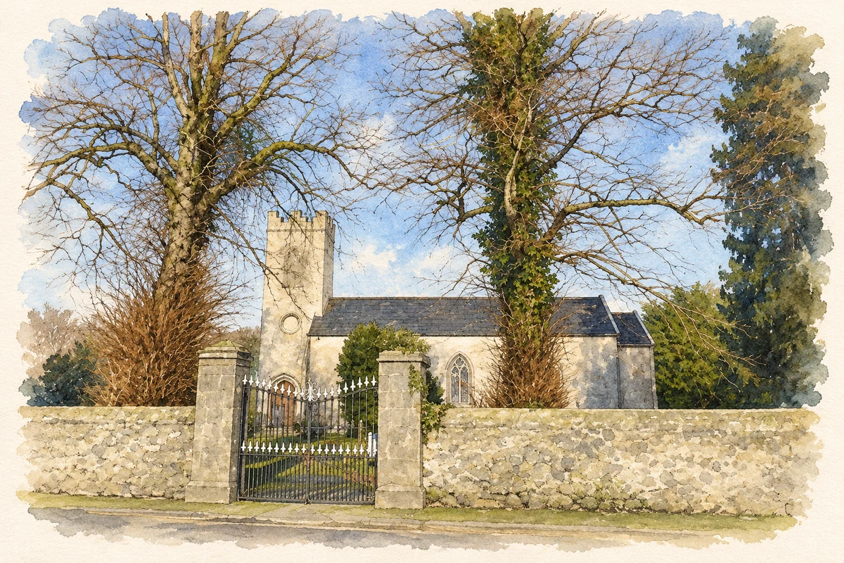 Watercolour and fine ink illustration of Saint Mary's Church, Geashill, County Offaly.